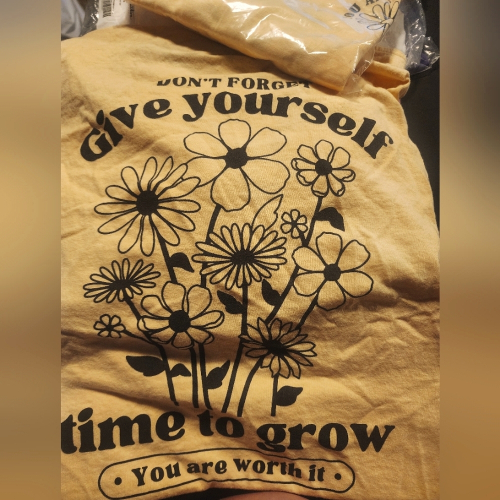Kraftymary "You Are Worth It" "Give Yourself Time to Grow" Yellow Cotton T-Shirt